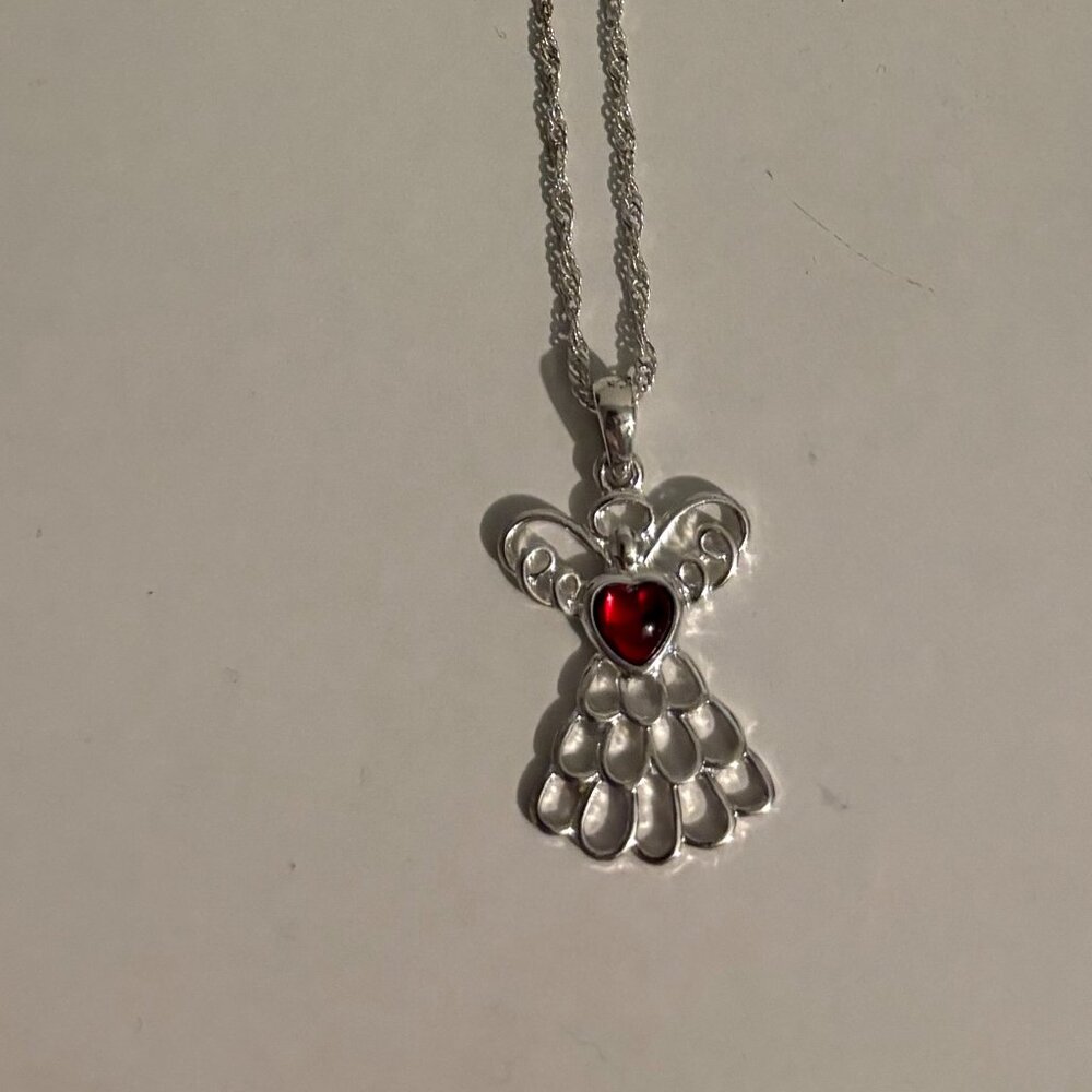 Silver Angel Necklace with Red Rhinestone